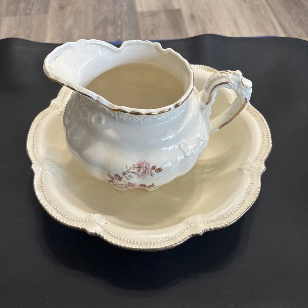 Miniature Ceramic Pitcher and Wash Basin Set Cottagecore Ivory With Pink Roses